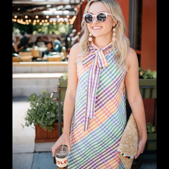 J. Crew Dresses & Skirts - J Crew Rainbow Gingham Tie Neck Shift Dress